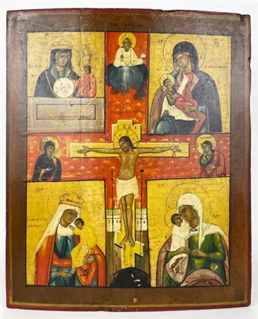 Antica icona russa "Crocifissione di Cristo, Divina Sapienza", 18° secolo,...