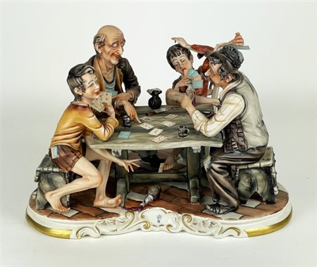 Porcellana artistica policroma marchiata Capodimonte, raffigurante giocatori...