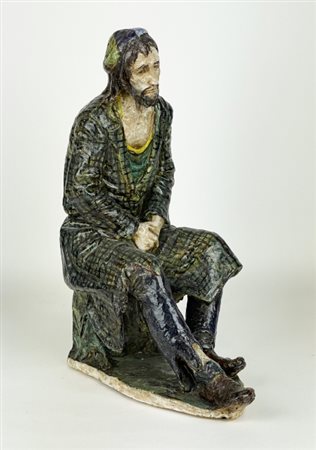 Scultura in ceramica policroma, raffigurante un mendicante, seconda metà del...