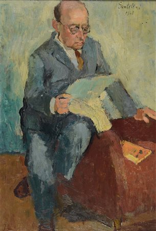 Franco Gentilini (1909-1981), Uomo che legge, 1945 , olio su tavola, cm.35x24...