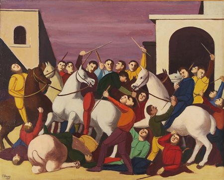 Pompeo Borra (1898-1973), Battaglia, 1947, Olio su tela, cm 57x70 Firmato e...