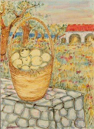 Giuseppe Migneco (1908-1997), Paesaggio con cesto di limoni, 1992, acrilico e...