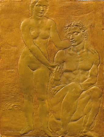 Francesco Messina (1900-1995), Due figure, bassorilievo in ceramica firmato