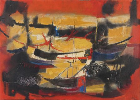 Enrico Paulucci (1901-1999), Porto, olio su tela, cm 90x65 firmato in basso a...