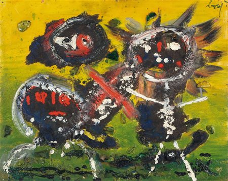 Enrico Baj (1924-2003), Personaggi, 1956, olio e vetri su compensato, cm...