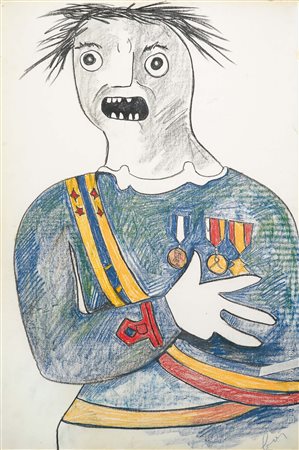 Enrico Baj (1924-2003), Soldato, pastello su carta, cm 100x70, firmato in...