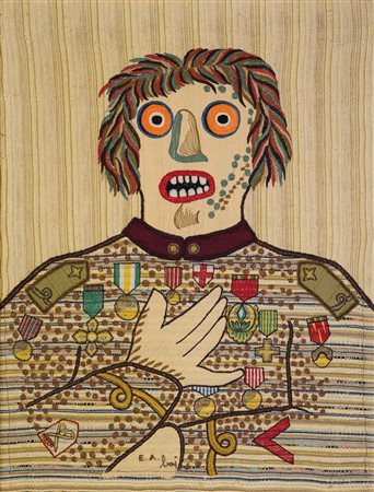 Enrico Baj (1924-2003), Generale, 1976, tessuto rustico con ricami ed inserti...