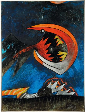Gianni Dova (1925-1991), Gioco nell’aria, olio su tela, cm 40x30, firmato in...