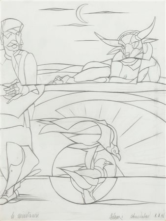 Valerio Adami (1935), Le Minotaure, 1996, matite su carta, cm 36x48, firmato...