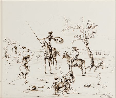 Salvador Dalì (1904-1989), Arrivée de Don Chischotte et Sancho au village,...