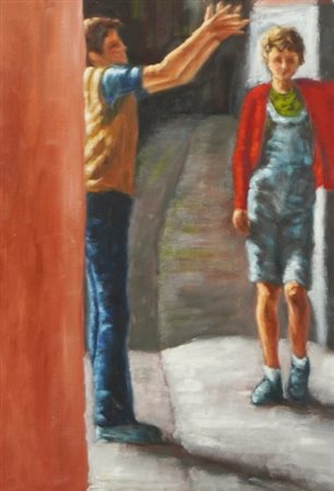 Antonietta Sainini, dipinto, 20° secolo, olio su tela, "Gioco nei vicoli",...