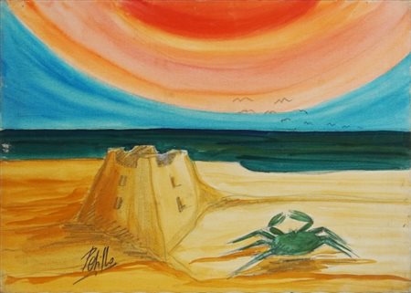 Roberto Pelillo, Dipinto, 20° secolo, Tecnica mista su tela, "La Spiaggia",...