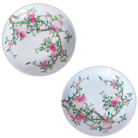 Coppia di piatti in porcellana cinese con decori di fiori e frutti