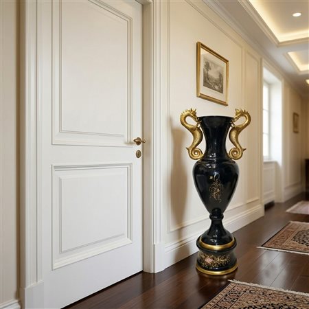 Vaso in maiolica policroma su base nera smaltata con decori in oro