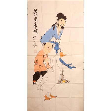 Pittura su lenzuolo con storia di un vecchio saggio con fanciullo, 20° secolo