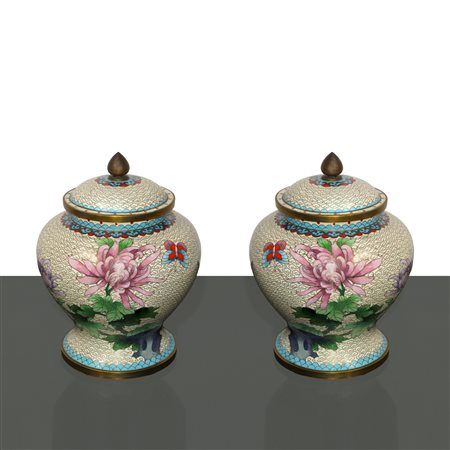 Coppia di poutiche cinesi cloisonnet con raffigurazioni floreali, 20° secolo
