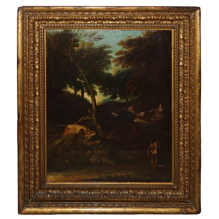 Paesaggio boschivo con personaggi , Fine 17th secolo