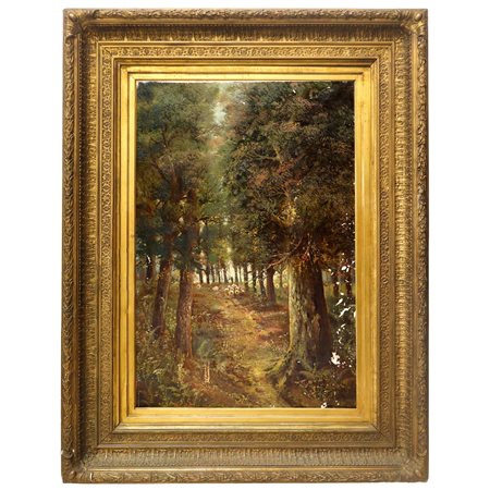 Scorcio boschivo con alberi e gregge