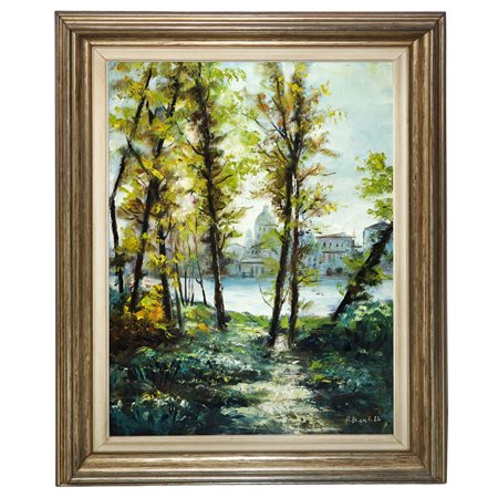Veduta di paese con specchio d'acqua e alberi