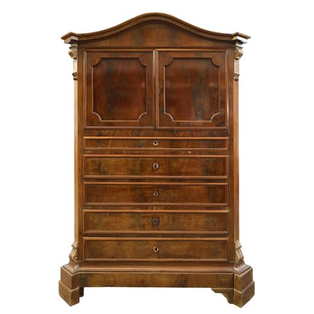 Chiffonier in legno di piuma di mogano con 5 cassetti e due sportelli nella parte superiore
