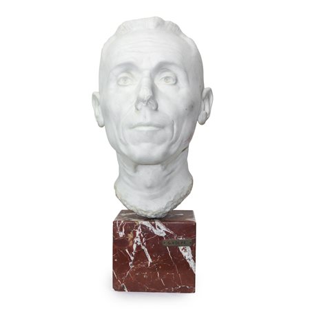 Testa di uomo, scultura in marmo bianco con base in marmo rosso