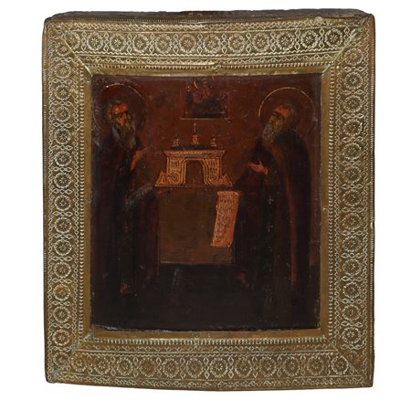 Icona russa con santi in preghiera con cornice in ottone bulinato e sbalzato, Fine 18th secolo