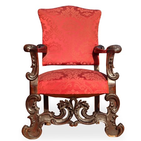Poltrona con spalliera alta e tappezzeria rossa damascata, 18th secolo