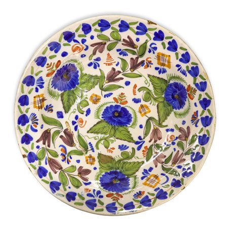 Piatto in ceramica Talavera/Manises completamente decorato con fiori e foglie, 19th secolo