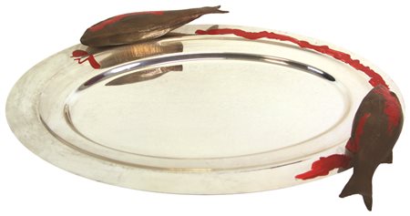 Aldo Mondino Ittiodromo, 1988, piatto ovale in acciaio con applicazione di...
