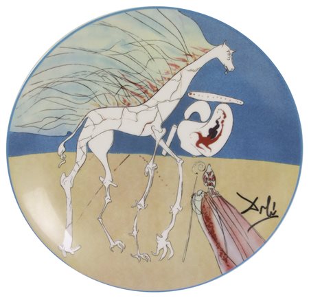 Salvador Dalì Lotto unico di 3 bottiglie e 2 piatti in ceramica, bottiglie h....