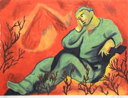 Sandro Chia Man in Landscape, incisione e carborundum su carta, cm. 100x126,...