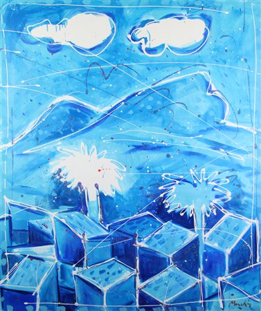 Renzo Meschis Paesaggio Blu, 2008, acrilico e smalti su tela, cm. 120x100,...