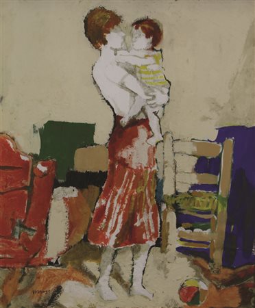 Morago Maternità, olio e tecnica mista su tela, cm. 60x50, firmato in basso a...