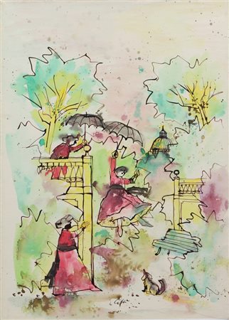 Nino Caffè Pretini, tecnica mista su carta applicata su tela, cm. 50x35,...