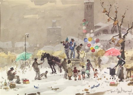 Giulio Falzoni Milano, Sant'Ambrogio, 1951, acquerello su cartoncino, cm....