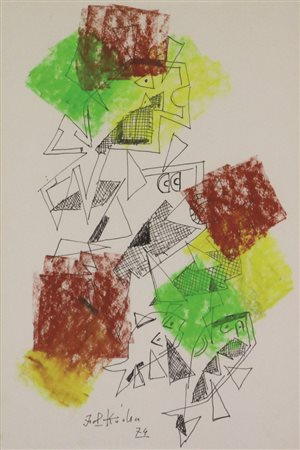 Ibrahim Kodra Pesci, 1974, tecnica mista su carta, cm. 30x21, firmato e...