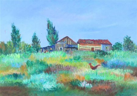 Giovanni Omiccioli Il Gallo nel Campo, 1966, olio su cartone, cm. 36,5x51,...