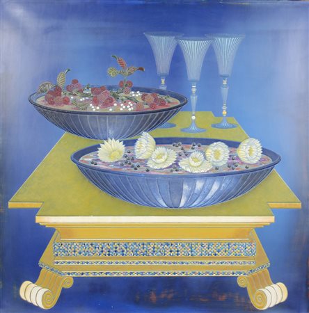 Claudio Massini Blu con Coppe Blu, encausto su tela, cm. 75x75, firma incisa...