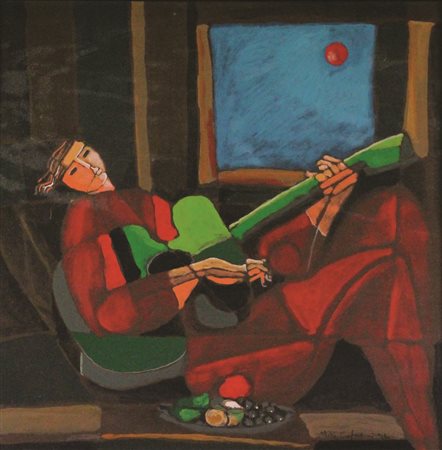 Mike C. Chitarra e Luna, 1992, acrilico su tavola, cm. 50x50, firmato e...