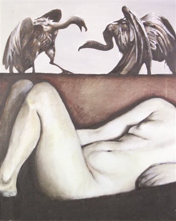 Meredith Peters Vultures, 1977, olio su tela, cm. 79x61, firmato al retro,...