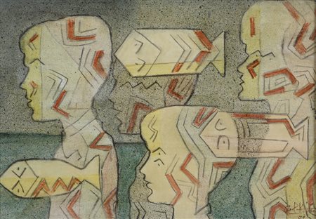 Ibrahim Kodra Pesci con bambini, 1971, olio su carta, cm. 35x50, firmato e...