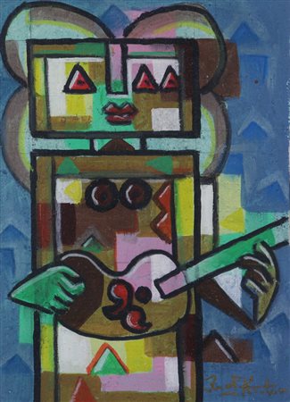 Ibrahim Kodra Suonatore, 1983, olio su tela, cm. 35x25, firmato in basso a...