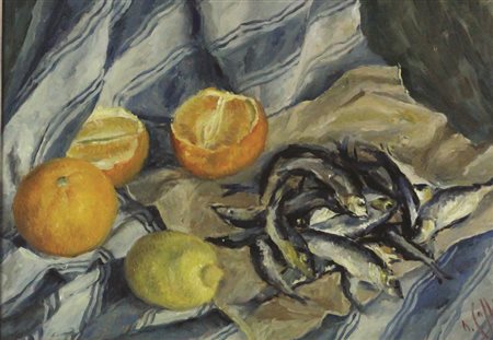 Nino Caffè Natura Morta con Pesci, 1943, olio su tavola, cm. 31x45,5, firmato...