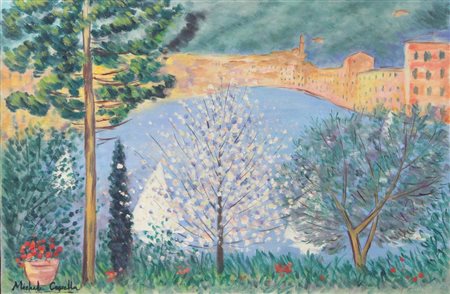 Michele Cascella Portofino, 1981-84 ca., olio su tela, cm. 40x60, firmato in...