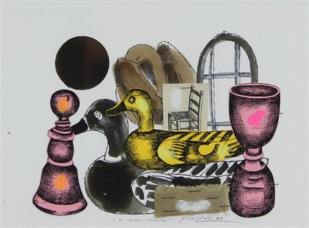 Concetto Pozzati A casa mia, 2008, tecnica mista su carta, cm. 25x35,...