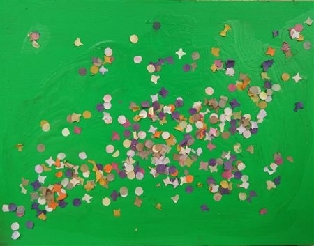 Tano Festa New York, 1985, tecnica mista e coriandoli su tela, cm. 30x40,...