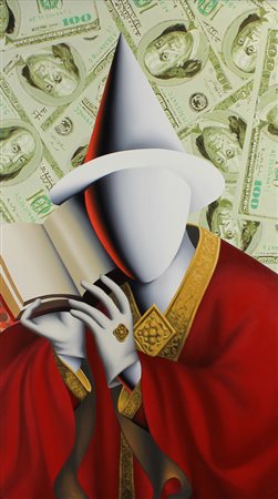 Mark Kostabi Nothing Up My Sleeve, 2004, acrilico su tela, cm. 150x55,5,...