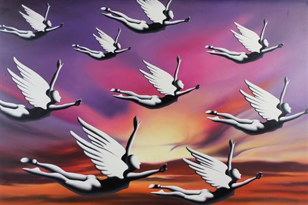 Mark Kostabi Flight to Elysium, 2004, acrilico su tela, = 100x150, firmato e...
