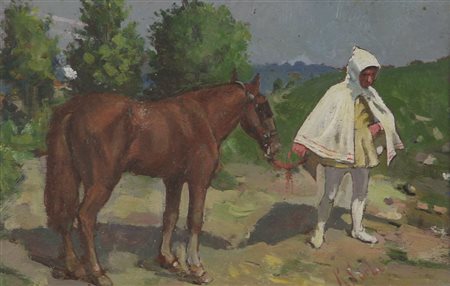 Raffaello Sorbi Senza titolo, olio su tavola, cm. 11,5x17, firmato in basso a...