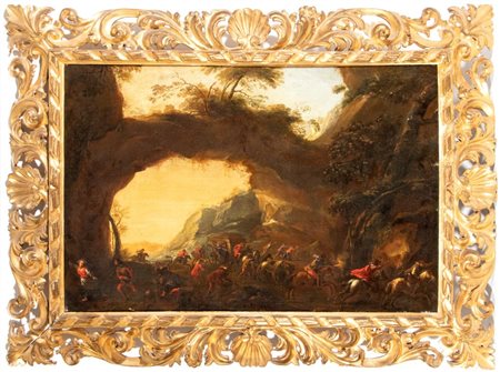 Georg Philipp Rugendas (cerchia di) (1666 - 1742) 
Quadro paesaggio con agguato di briganti e carrozza XVIII secolo
 Altezza x larghezza con cornice: 90 x 120 cm